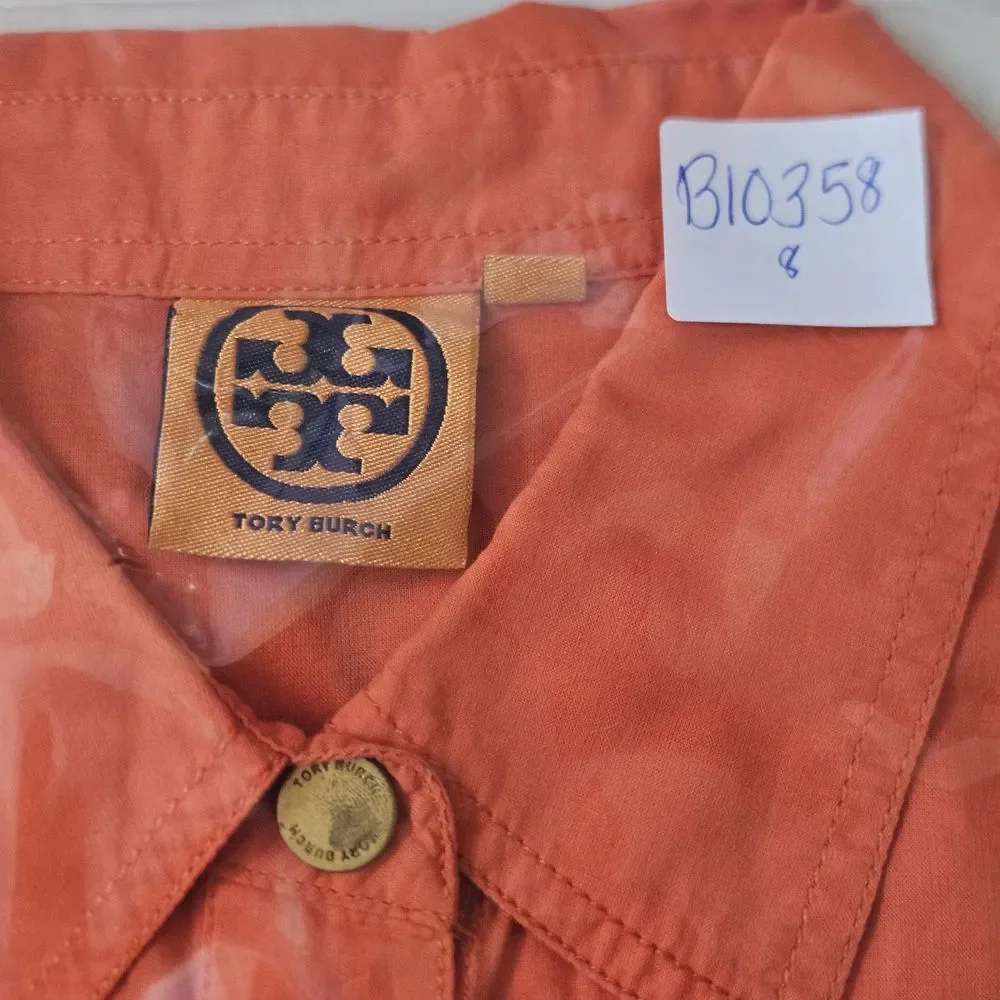 Tory Burch Top Womens 4 Gold Buttons Up Tangerine Red Orange Cotton Preppy Shirt